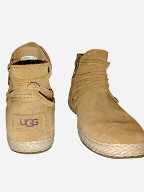 UGG Elora Wrap Strap Suede Booties Tan Espadrille Sole Size 7